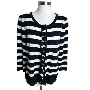 Exclusively Misook Cardigan Womens Large Black White Striped Ruffled Snap Front